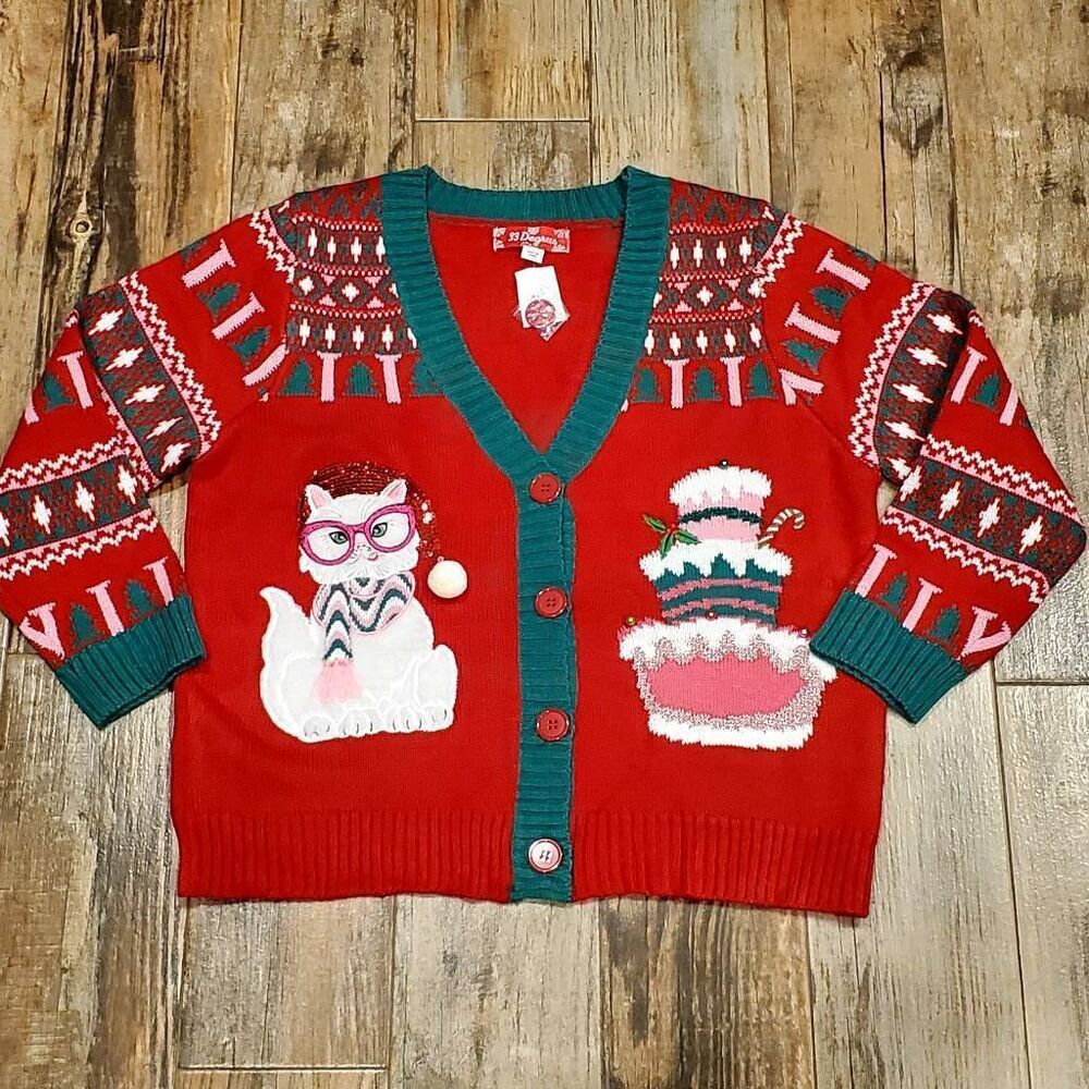 🔸️NWT 33 Degrees Red Kitty Cat Button Vneck Christmas Sweater Large